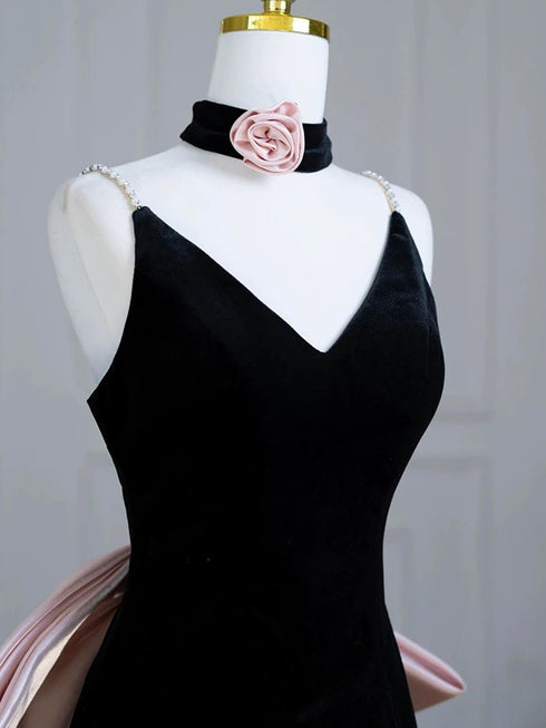 Black Velvet Mermaid Straps Lace-up Formal Dress with Bow, Black Velvet Long Prom Dress